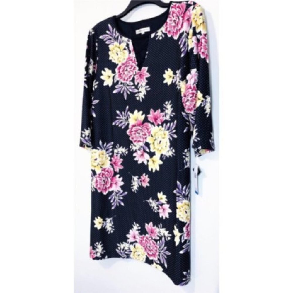 Sandra Darren Womens Black Pink Floral V Neck Elbow Sleeve Shift Dress Sz 12 New - Picture 5 of 8